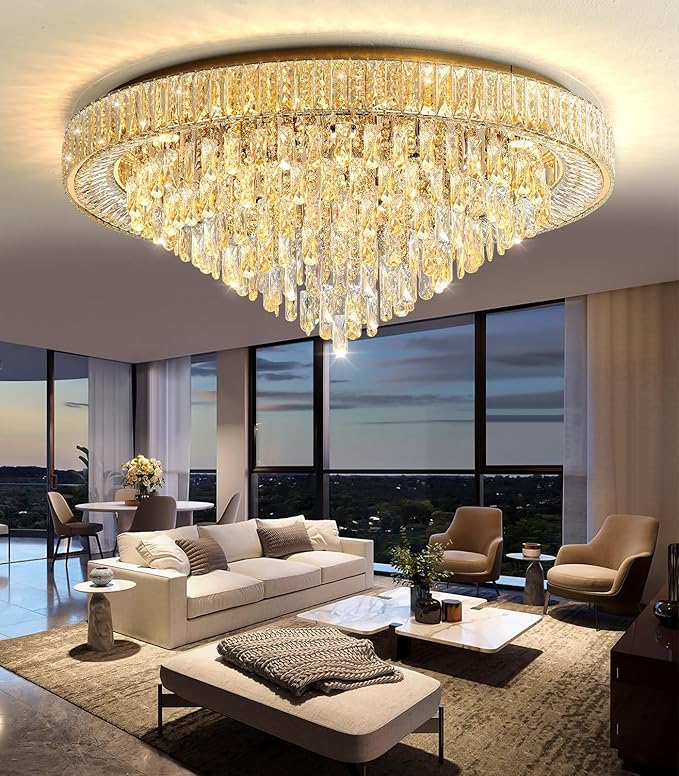 Modern Crystal Large Chandeliers LED Dimmable Flush Mount Ceiling Chandeliers for Living Room High Ceiling Entrance Foyer Bedroom