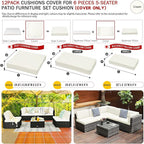 ClawsCover 12 Pack Outdoor Seat and Back Cushions Replacement Covers Fit for 6Pieces 5-Seater Wicker Rattan Patio Furniture Conversation Set Sectional Couch Chairs,Cream-Include Cover Only