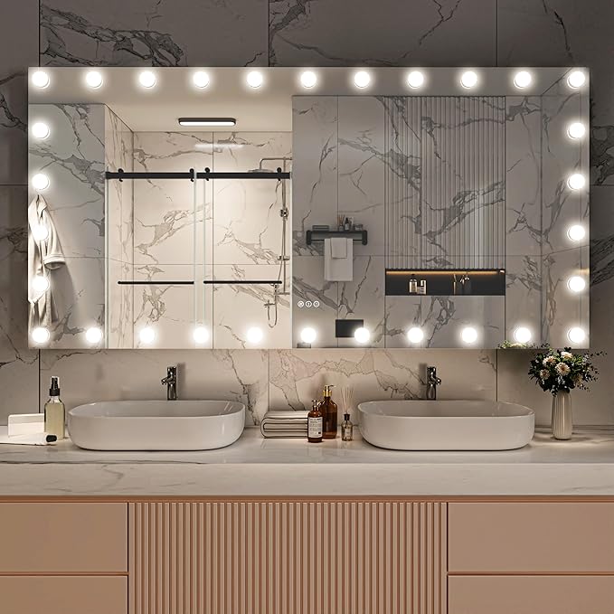 Hasipu LED Bathroom Mirror with Lights, 71" x 36" Hollywood Wall-Mounted Bathroom Mirror with 30 Dimmable Bulbs, 3 Colors Modes, Touch Control, Anti-Fog, Memory Function, Shatter-Proof, ETL Listed