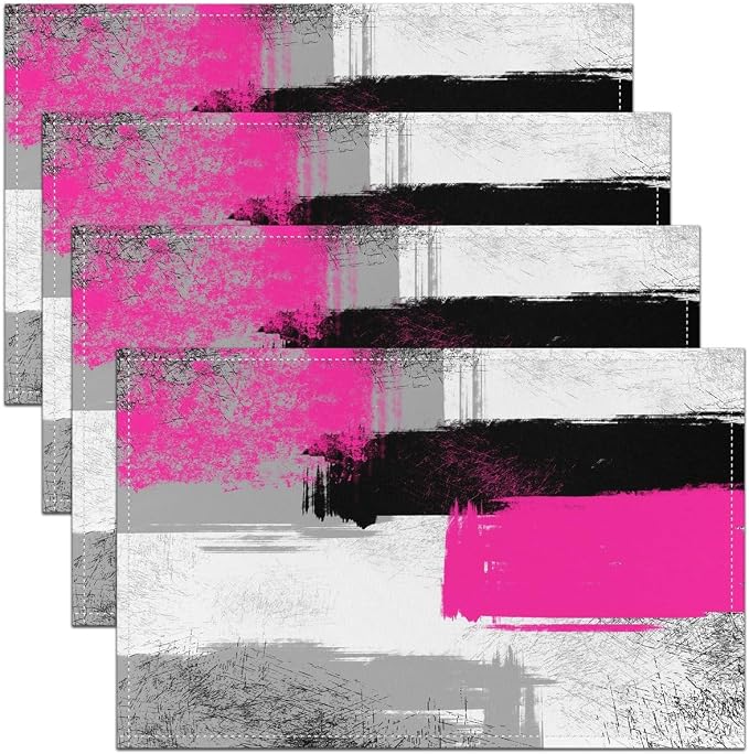 Feelyou Hot Pink Black Grey White Placemats Set of 4 for Kids Boys Girls Abstract Placemat for Kitchen Dining Table Decor Indoor Outdoor 18"x12" Ombre Modern Table Place Mats, Decor Buffalo Check