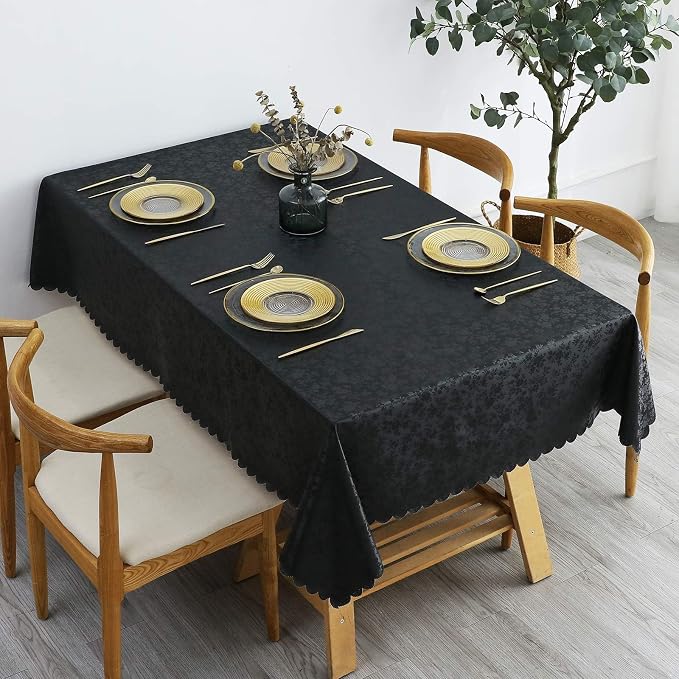 Smiry Rectangle Waterproof Heavy Duty Vinyl Tablecloths, 70 x 90 Inch | Wipeable Washable Floral Embossed Table Cover for Kitchen and Dining Room, Indoor & Outdoor Use, Black