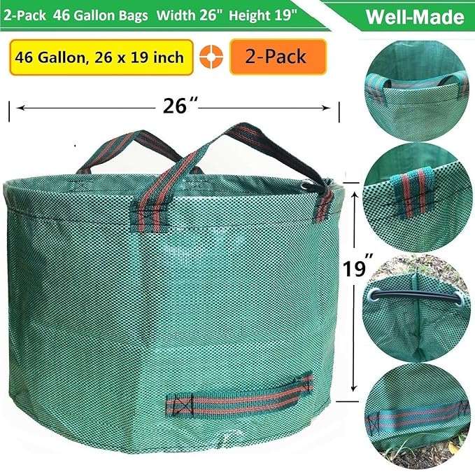 Standard 2-Pack 46 Gallon Yard Garden Bags (D26, H19 inch) with Gloves for Yard Waste Bags,Lawn Debris,Weeds Bag,Recycle Bin,Laundry Container,Camping Waste Bin,Lawn Grass Clippings,Leaf Bag 4 Handles