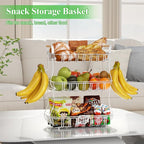 3 Tier Fruit Basket with 2 Banana Hooks, Large Capacity Multifunctional Detachable Sturdy Fruit Bowl with Wooden Handle Mesh Top for Kitchen Counter, for Bread Snacks Vegetables Produce, White
