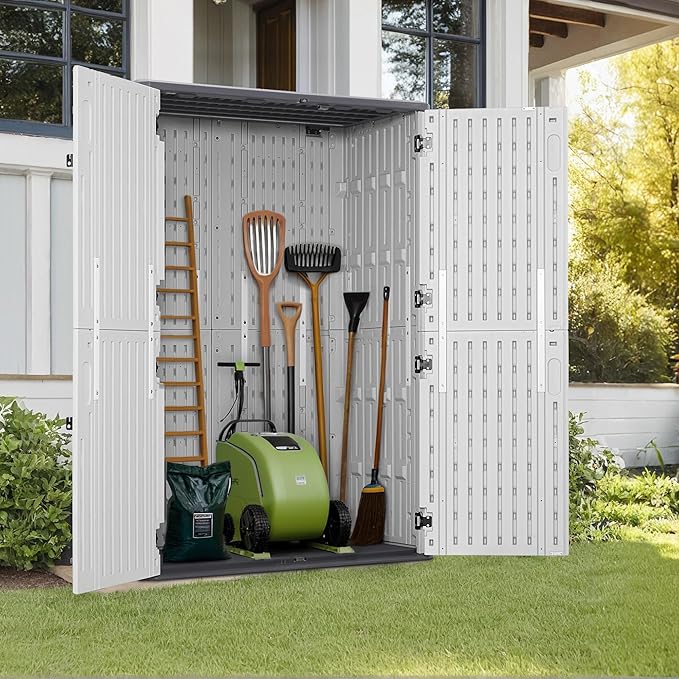 Macrout 50 Cu.Ft Plastic Outdoor Storage Cabinet with Floor, 4.3 x 2.5 ft Waterproof Resin Outdoor Storage Shed, Lockable Vertical Shed for Garden and Patio