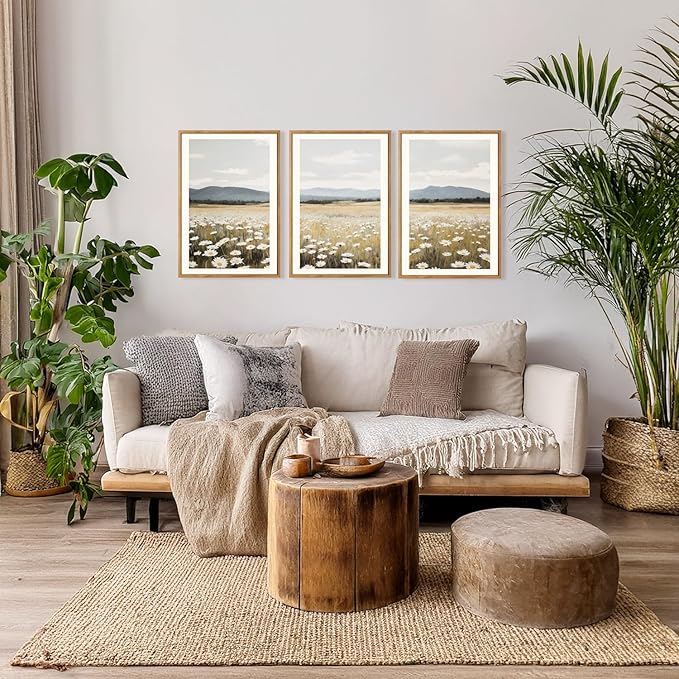 HPNIUB Flowers Wall Art Canvas White Daisy Floral Painting, Rustic Field Landscape Picture, Modern Framed Artwork for Living Room Bedroom Bathroom Dinning Room Office Home Decor Gifts-16 x24 x3