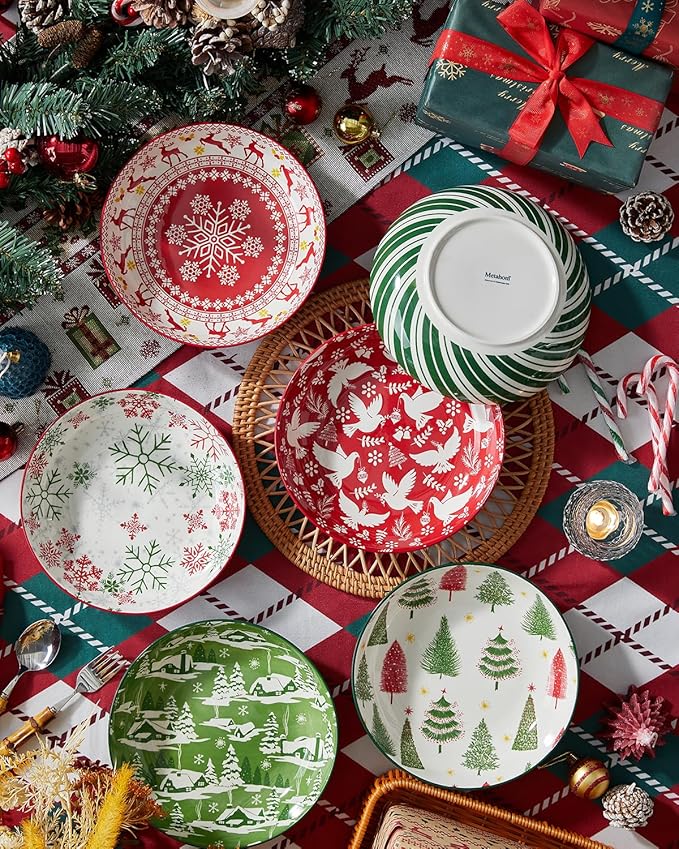 Christmas Pasta Bowl Set, 8 Inch Salad Serving Bowl, Wide and Shallow Bowl Plate for Kitchen, Dishwasher and Microwave Safe, Set of 6