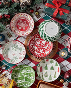 Christmas Pasta Bowl Set, 8 Inch Salad Serving Bowl, Wide and Shallow Bowl Plate for Kitchen, Dishwasher and Microwave Safe, Set of 6