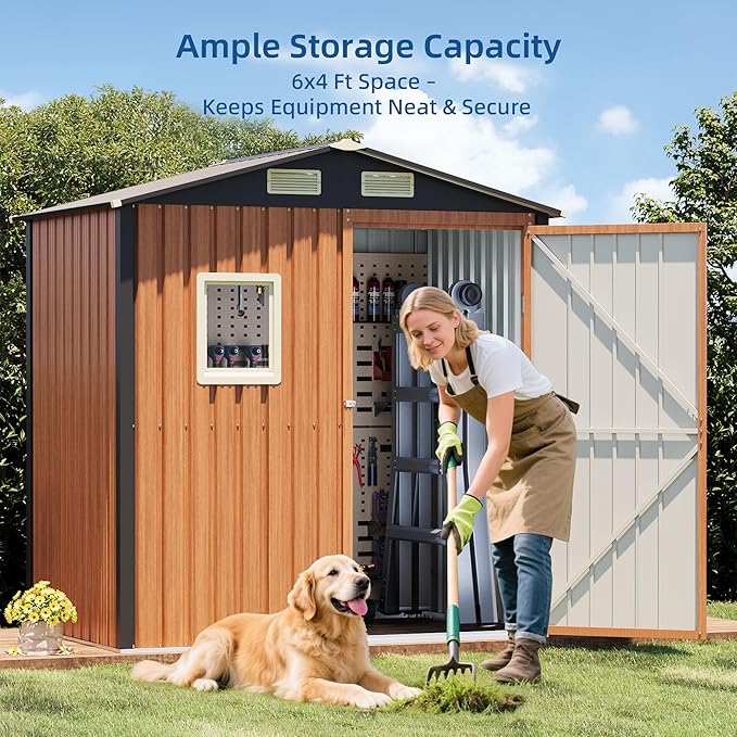 6x4FT Outdoor Storage Shed, Metal Garden Shed with Updated Frame Structure, Lockable Door and Window, Large Tool Shed for Backyard, Patio,Lawn,Utility & Bike Storage