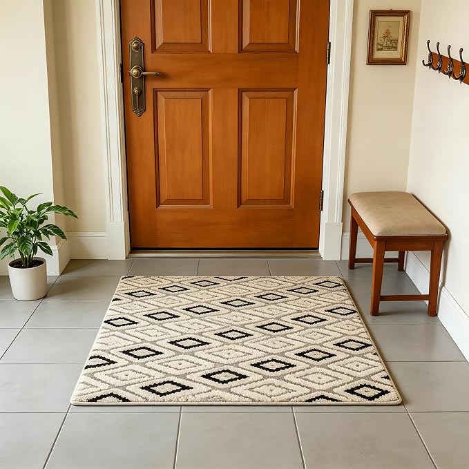 Indoor Doormat 2'x3', Geometric Boho Entrance Mat for Porch, Diamond | Soft Cozy Fluffy Mid Pile Machine Washable Non Slip Small Accent Rug for Entryway Front Door Sink Indoor Entrance Bathroom