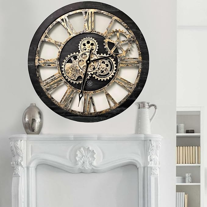 The Gears Clock The Original Real Moving Gear Wall Clock Vintage Industrial Oversized Rustic Farmhouse (24 inch (60cm), Vintage Black Wood and Bronze)