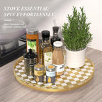 Gold and White Checkerboard Lazy Susan with Rubberwood Base and Metal Rail | Smooth rotating oak tray with walnut finish for dining tables, kitchen counters, pantries and cabinet storage.