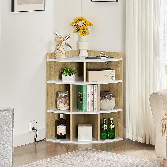 Vecelo Corner Cabinet with Charging Station, 3-Tier Cube Storage Organizer with USB Ports and Outlets, Triangle Bookcases Corner Shelf with 8 Cubbies for Playroom, Bedroom, Living Room, Marble White
