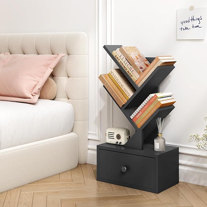 4 Tier Tree Bookshelf with Drawer, Small Tree Bookcase, Modern Table Top Book Shelf Organizer Shelves for Living Room, Bedroom, Home Office, Black