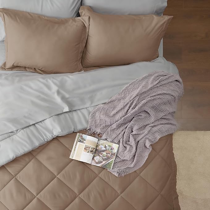 Bedsure Brown Full Size Comforter Set - 7 Pieces Reversible Full Bed in a Bag, Full Bed Set Brown and Grey with Comforters, Sheets, Pillowcases & Shams