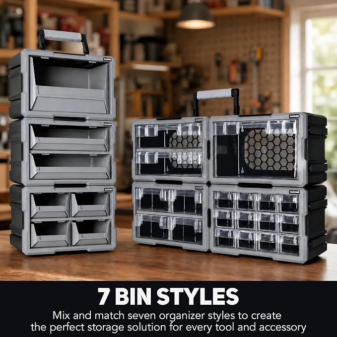 2 Drawer Modular Stackable Storage Organizer with Clear Drawers, Removable Handle, Interlocking System, Wall Mount Compatible Tool Storage Box