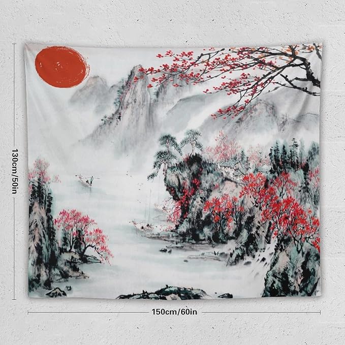 Cherry Blossoms Tapestry,Japanese Red Landscape Asian Watercolor Abstract Art Tapestry, Asian Japanese Wall Tapestry, Nature Landscape Tapestries for Bedroom Living Room Decor 60"x50"