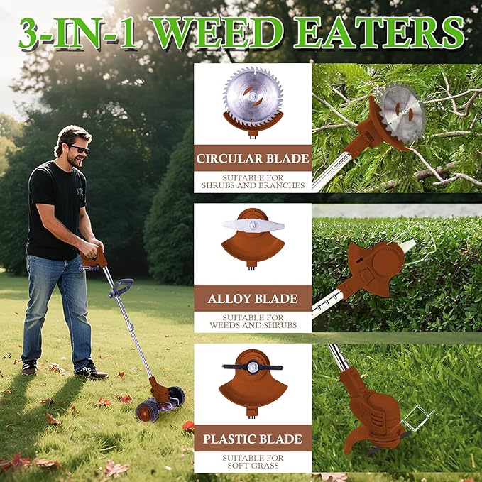 Weed Wacker Cordless Adjustable Weed Eaters 3 in 1 Electric String Trimmer Lawn with Two Battery with Charger Comes with Multiple Blades for Yard,Green,Garden(Coffee)