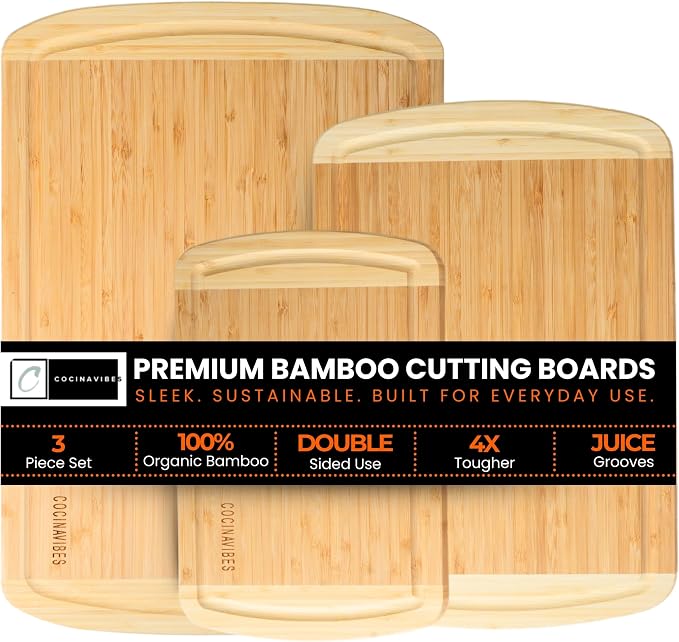 Bamboo Cutting Board Set – Charcuterie & Chopping Boards for Kitchen, Large & Small Sizes, Safe Cutting Boards for Meat, Cheese, Pizza – Home & Kitchen Gift Idea