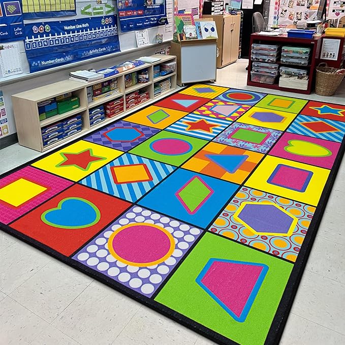 LIVEBOX Geometry Teaching Kids Rug for Classroom, Washable School Learning Area Rugs, Colorful Preschool Kids Classroom Carpet Non-Slip Playroom Mat for Home Learning,13'x7'5"(Seats-24)