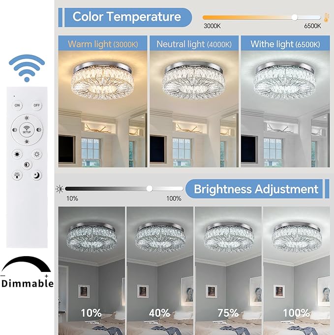 16.5 Inch Dimmable Chandelier with Remote Control LED Crystal Chandelier Modern Flush Mount Ceiling Light Fixtures for Living Room Bedroom Dining Room Entrance (dimmable-16.5")