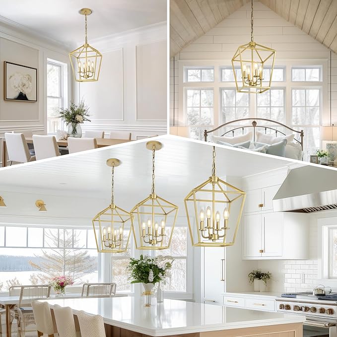 4 Light Gold Chandelier, Industrial Ceiling Light Lantern Light Fixtures with Farmhouse Metal Cage Adjustable Height Rustic Geometric Hanging Light E12 Base for Kitchen Island, Entryway, Indoor