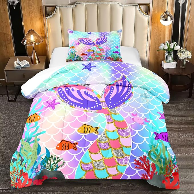 Mermaid Tail Comforter Set Twin for Kids Girls Bedroom, Rainbow Mermaid Fish Scale Comforter Set Twin Bed in a Bag, Glitter Mermaid Printed Pattern Bedding Decor 1 Comforter 1 Pillowcase