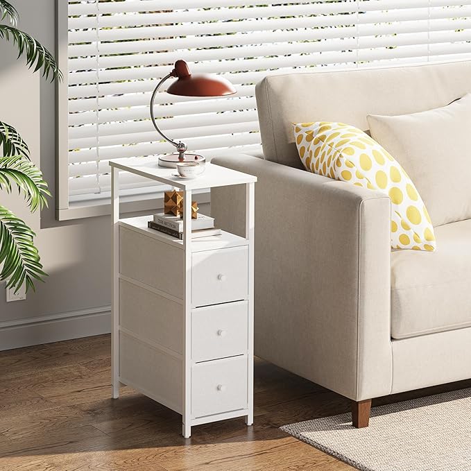TUTOTAK Narrow Night Stand, Slim End Table, Tall Side Table with 3 Fabric Drawer, Small Bedside Table with Storage, Set of 2, for Living Room, Bedroom, White TB01BW072