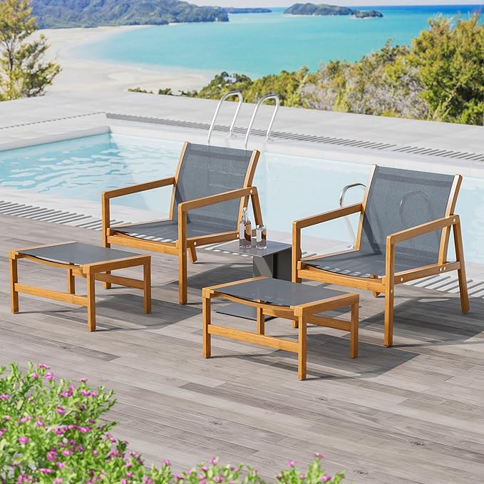 Greesum 4 Piece Furniture Outdoor Acacia Wood Chair with Ottoman for Porch, Balcony, Deck, Patio, Backyard, Gray