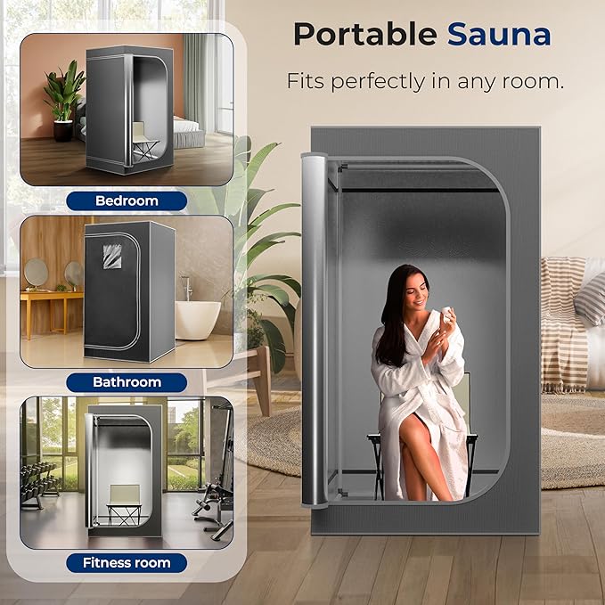 SereneLife Portable Full Size Home Spa| One Person Sauna | with Heating Foot Pad and Portable Chair (Steam Gray)