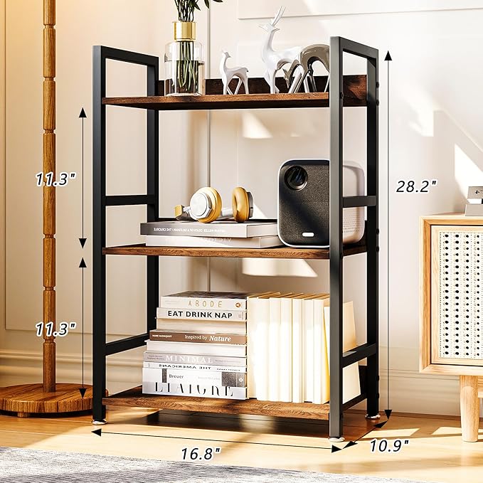 Small Bookshelf for Small Spaces, 3 Tier Small Book Shelf Organizer, Narrow Bookcase for Small Spaces, Small Bookcase for Bedroom, Living Room, Home, Office, 120 lbs Weight Capacity (Brown)