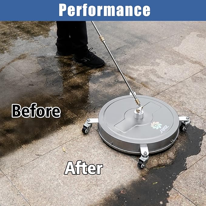 JANZ 20'' Pressure Washer Surface Cleaner with 4 Wheels, Stainless Steel Housing, 1/4" Quick Plug, 2 Extension Wands, 2 Replacement Nozzles and 3 Spray Nozzles, 4000 PSI