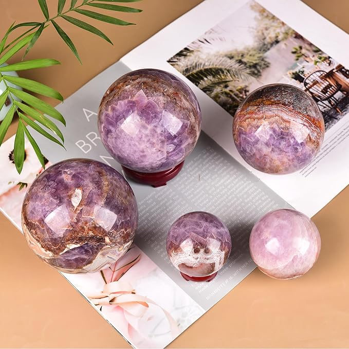 JIC Gem Natural Amethyst Agate Crystal Sphere with Wooden Stand Amethyst Decorative Crystal Gemstone Sphere for Meditation Feng Shui Witch-Style Decor Table 70-80mm
