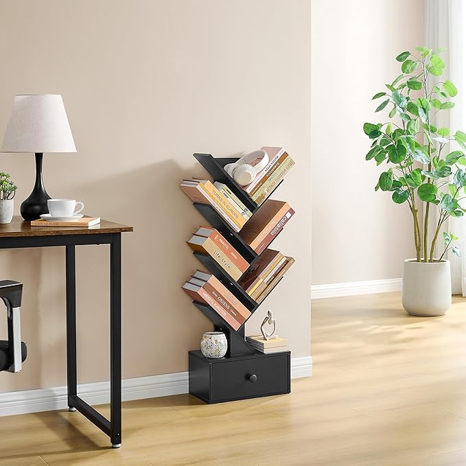7 Tier Tree Bookshelf with Drawer, Tree Bookcase with Storage, Modern Floor Standing Bookshelves Organizer for Bedroom, Living Room, Home Office, Black