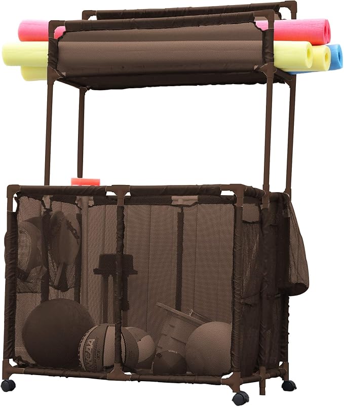 Essentially Yours Pool Storage Equipment Organizer Holder - Noodles, Toys, Balls and Floats Mesh Rolling Double Decker Bin, Large with Noodle Holder, (35.3" W x 23" L x 59.4" H), Brown Style 561935