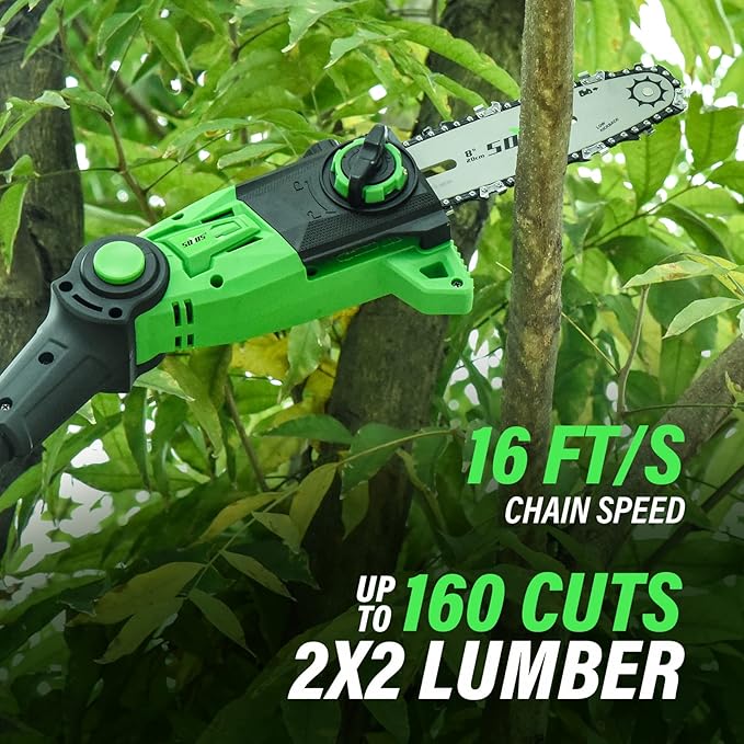SOYUS Pole Saw 8-Inch Cordless, 15-Foot Max Reach Electric Pole Saw for Tree Trimming, 16ft/s Speed, Auto Oiling, Multi-Angle Pole Chainsaw with 2.0Ah Battery & Charger