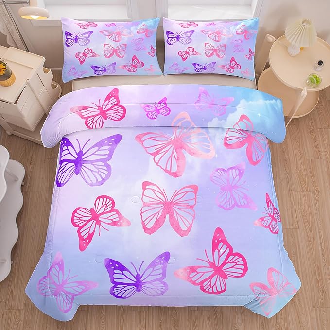 Tailor Shop Butterfly Comforter Sets Queen Size,Purple Butterfly Bedding Sets for Girls Kids Teens with 2 Pillowcase…