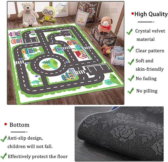 kid rug carpet playmat for toy cars and trains,road traffic kids play area rug,city Life town play Mat for Playroom Bedroom Boys,Children's Educational Fun Throw Rug with Rubber Backing 31X47IN