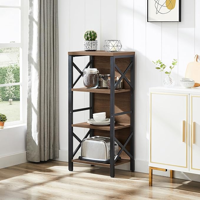 Bookcase, Industrial Small Bookshelf,4-Tier Narrow Bookcase Storage Organizer, Small Book Shelf for Small Spaces, Living Room, Bedroom and Home Office, Brown