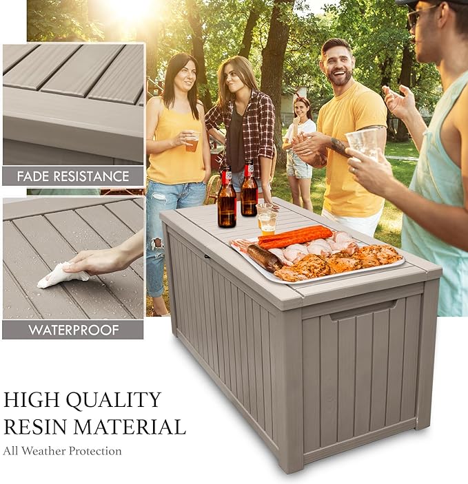 AJP Distributors 180 Gallon Outdoor Storage Box, Rain Waterproof Resin Deck Box, Lockable Large Storage Container for Patio Furniture, Cushions, Garden Tools, Sports Equipment and Pool Supplies Taupe