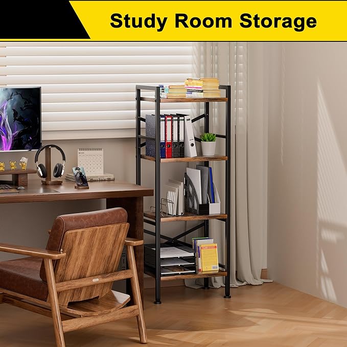 4 Tier Book Shelf, Small Bookshelf Storage Organizer, Tall Narrow Bookcase with Storage Shelves, Wooden Industrial Office Shelves for Bedroom, Living Room, Rustic Brown