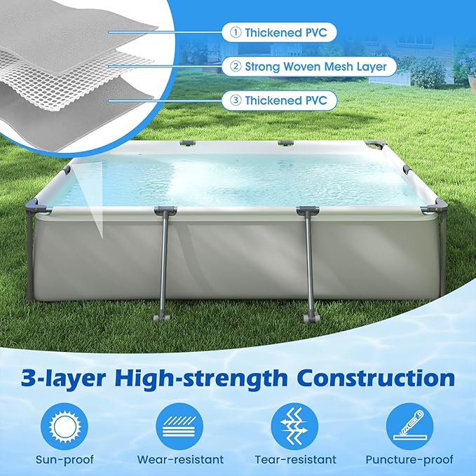 GYMAX 10' x 6.8' x 26" Metal Frame Above Ground Swimming Pool, Outdoor Backyard Famliy Pool w/Puncture-Resistant Fabric, Drainage Valve Connector for Kids & Adults (10' x 6.8' x 26", Rectangle, Grey)