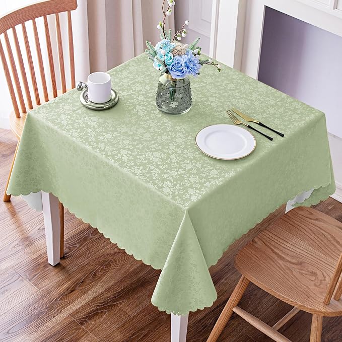 Smiry Square Waterproof Heavy Duty Vinyl Tablecloths, 54 x 54 Inch | Wipeable Washable Floral Embossed Table Cover for Kitchen and Dining Room, Indoor & Outdoor Use, Grass Green