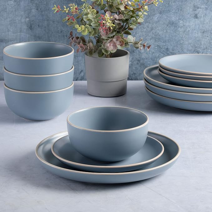 Gibson Home Rockaway 12-Piece Round Stoneware Dinnerware Set, Service for 4 – Blue Plates and Bowls, Microwave & Dishwasher Safe
