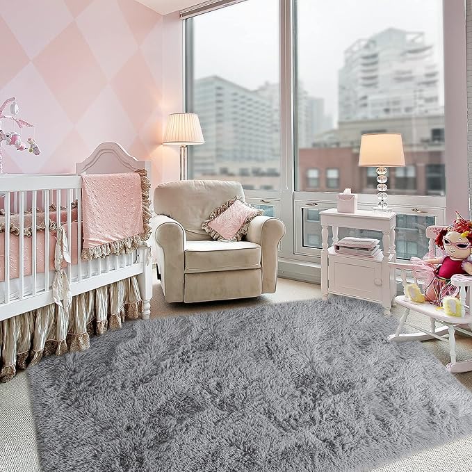 Super Soft Fluffy Shaggy Rugs 3x5 Feet for Living Room Bedroom, Fuzzy Plush Area Rugs for Girls Kids Room Nursery Home Decor, Furry Dorm Throw Rug Non-Slip Indoor Floor Carpet, Grey