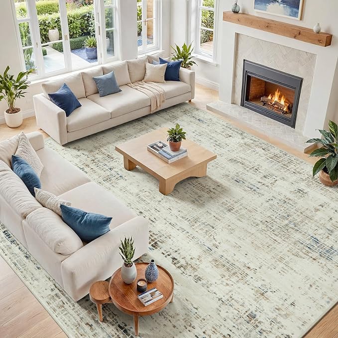 10x12 Washable Area Rug for Living Room Bedroom: Non-Slip Modern Gray White | Machine Washable TPR Backing, Stain-Resistant Low Pile, Pet & Kid Friendly, Abstract Decor for Dining Room, Dorm, Home Office