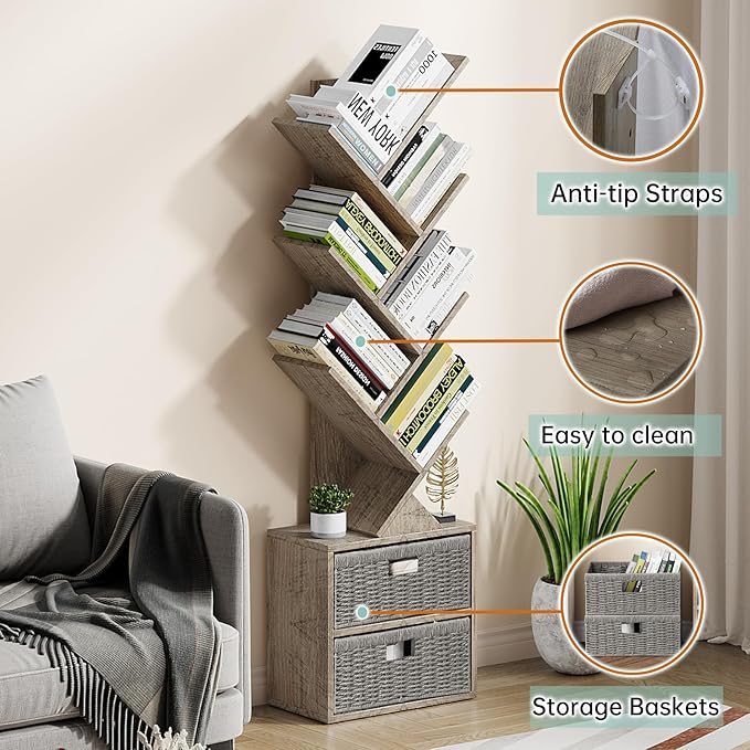Vagusicc 6 Tier Tree Bookshelf, Modern Floor Standing Bookcase with Storage Drawer, Space Saving Storage Organizer Book Shelves for Books, Tall Wood Storage Rack for Bedroom/Living Room/Home Office
