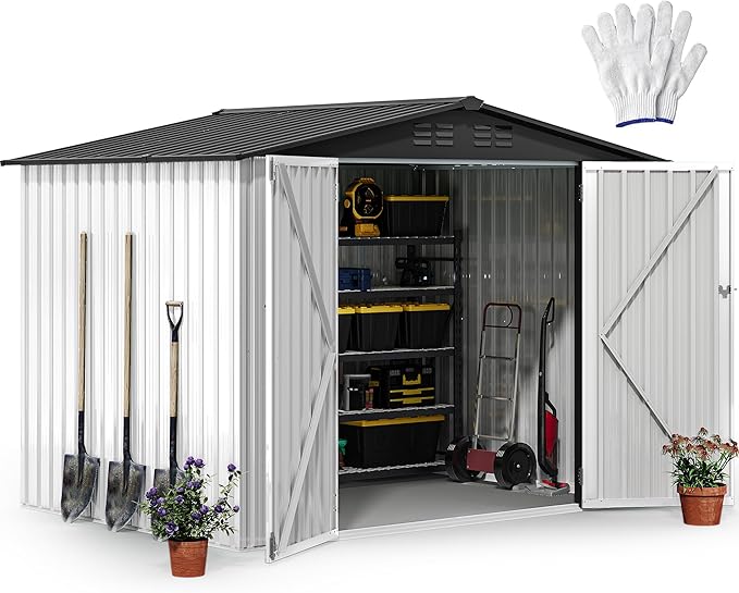 DWVO 8x6ft Metal Outdoor Storage Shed, Waterproof Tool Shed Heavy-Duty Storage Unit with Lockable Door and Vents, Ideal for Bicycles, Tools, Lawnmowers, Backyards, Patios, Lawns - White