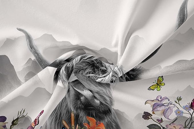 Tailor Shop Highland Cow Comforter Sets King Size,Highland Cow Bedding for Teens Kids Man,Cattle Western Bedding Wildlife Farmhouse Bull Mountain Flower Comforter with 2 Pillowcase