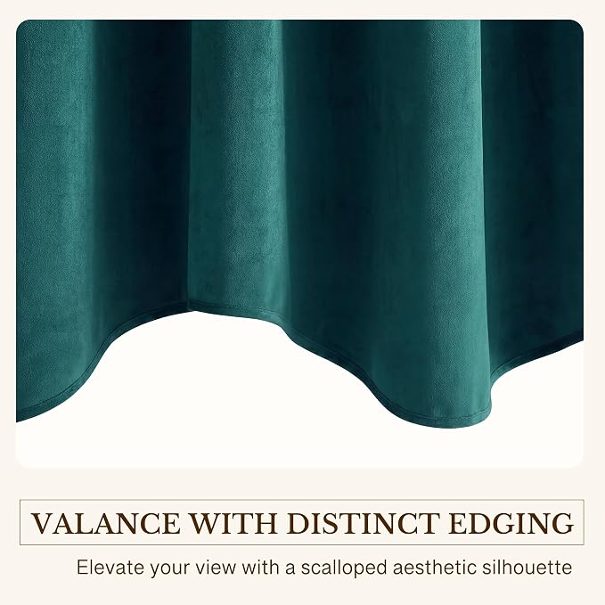 Teal Valance for Windows Scalloped 52x18 Inch 1 Panel | Soft Velvet Wavy Small Kitchen Curtains, Elegant Privacy Shielding Window Treatment for Bathroom, Laundry, RV