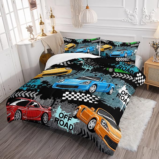 Axolotl Car Comforter Set Queen Size,Cool Speed Race Car Comforter for Kids Boys Girls Teens Bedroom,Extreme Sport Quilt Duvet 1 Comforter 2 Pillowcase Car Racing Gifts,Blue Red Orange